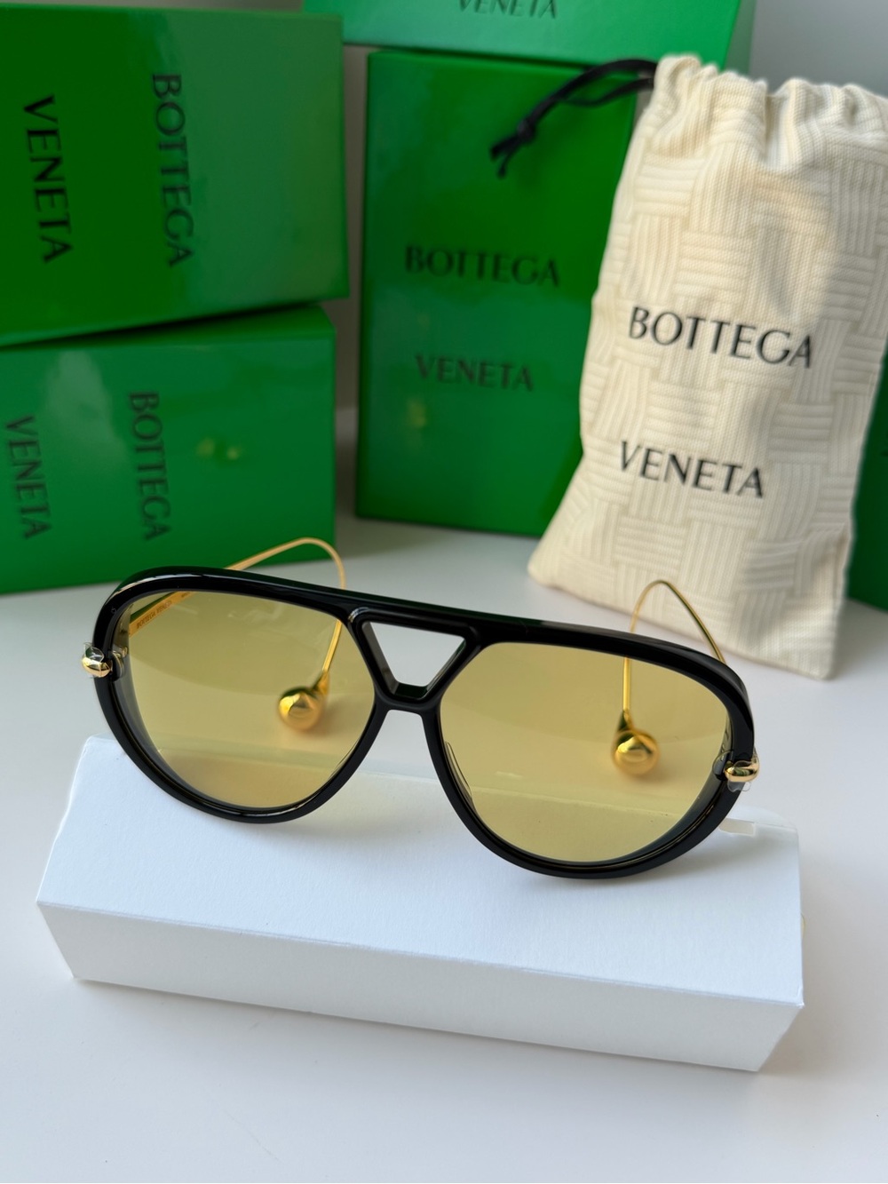 BOTTEGA VENETA BV 1273S 003 Black Gold Yellow Lens Earrings Sunglasses AUTHENTIC - Picture 2 of 12